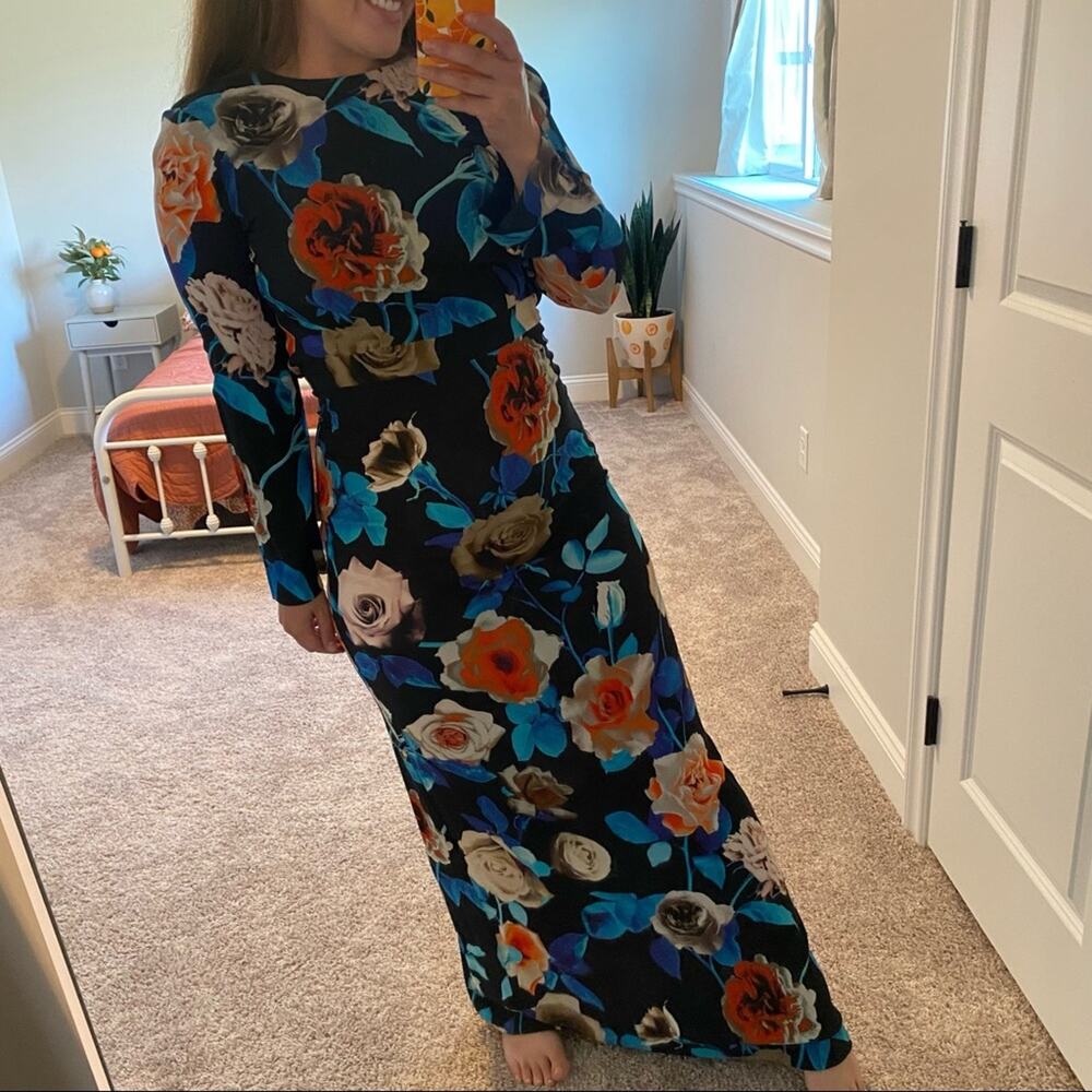MSGM Milano Blue Red Black Rose Floral Long Sleeve Maxi Gown Dress XS - Picture 8 of 16